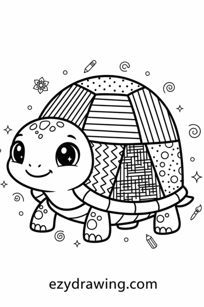 Happy turtle with a large patterned shell featuring stripes, dots, zigzags, and textures with cute art doodles in ezydrawing com outline style