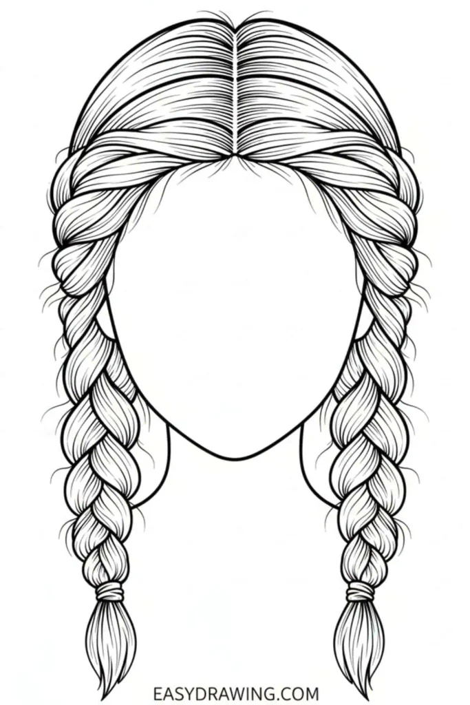 Twin braids hair drawing with neat woven strands and a center part in a simple beginner friendly outline style