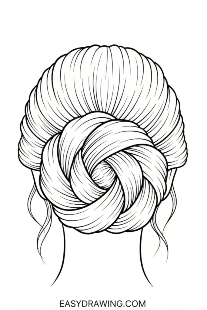 Elegant twisted updo drawing with woven hair loops and soft loose strands