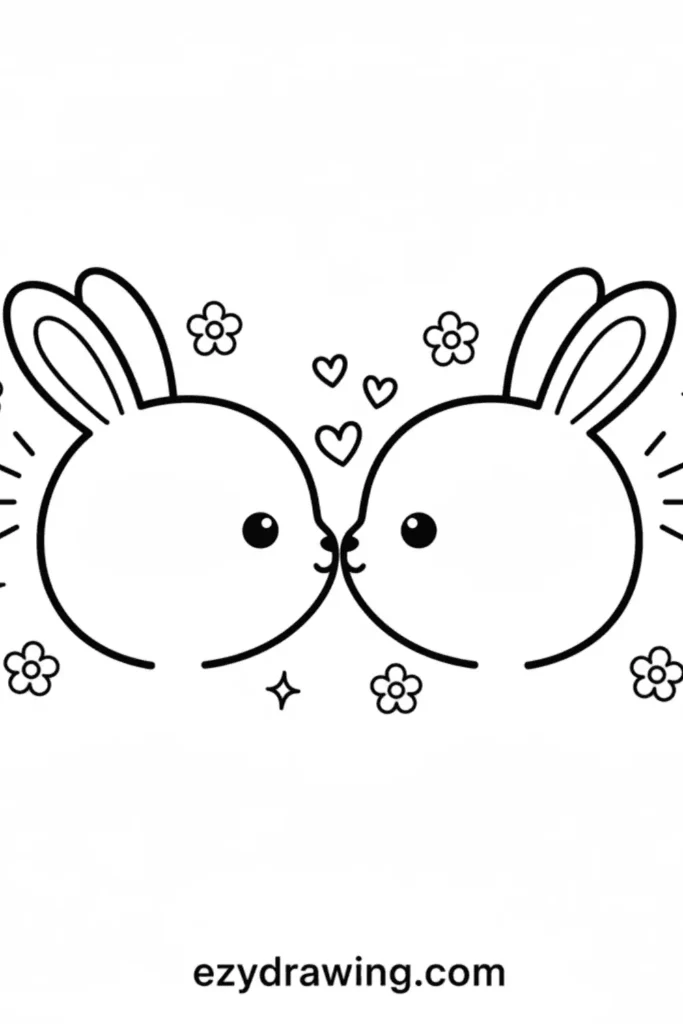 Two cute bunnies touching noses with hearts, flowers, and sparkles around them, simple adorable line art style, ezydrawing.com text below