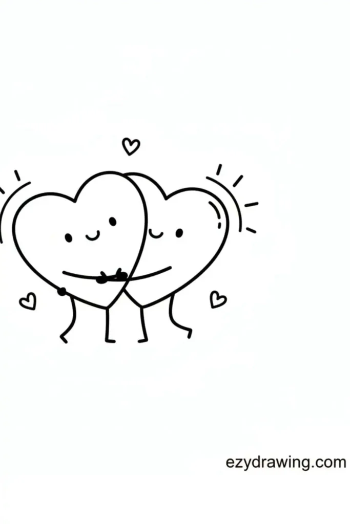 Two cute hearts hugging with smiling faces, little arms and legs, surrounded by small hearts, simple love drawing for kids and beginners