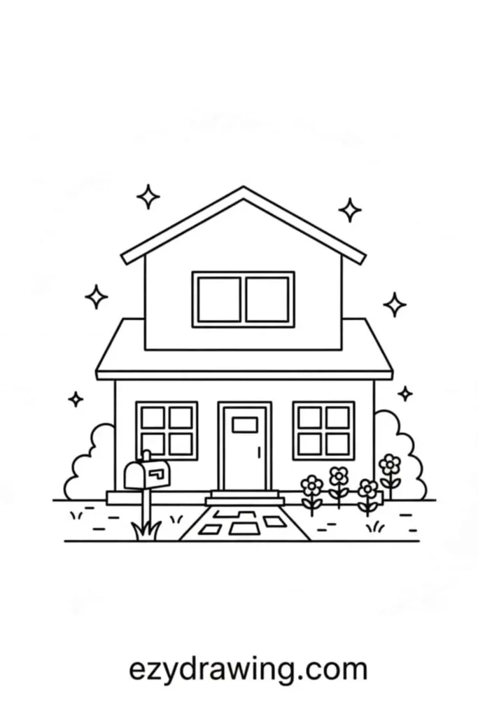 Simple two story house drawing with windows, mailbox, front path, trees, and flowers, illustrated in a clean outline style