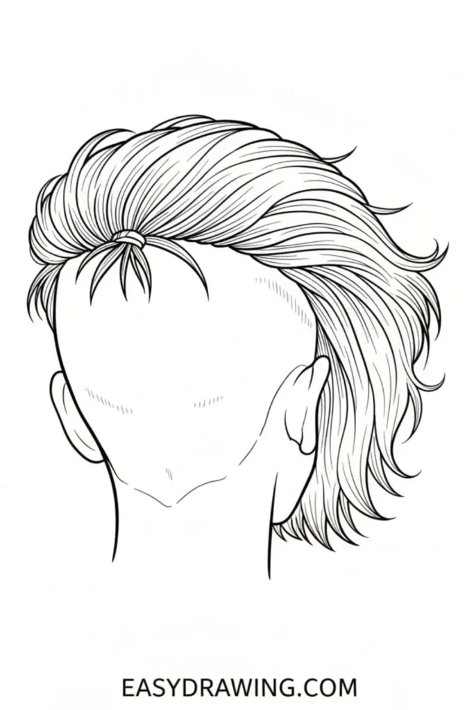 Undercut hairstyle drawing with shaved sides and long textured top tied in a small knot in a clean outline style