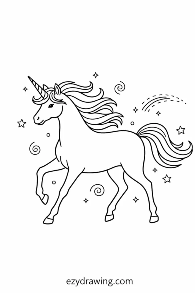 Cute unicorn with flowing mane, raised leg, stars and swirls around it in a magical kid friendly ezydrawing com outline style