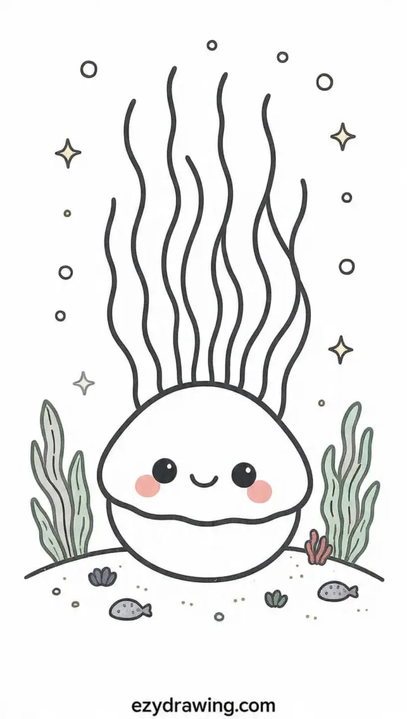 Cute upside-down jellyfish drawing with long wavy tentacles, smiling face, and sea plants — ezydrawing.com illustration.