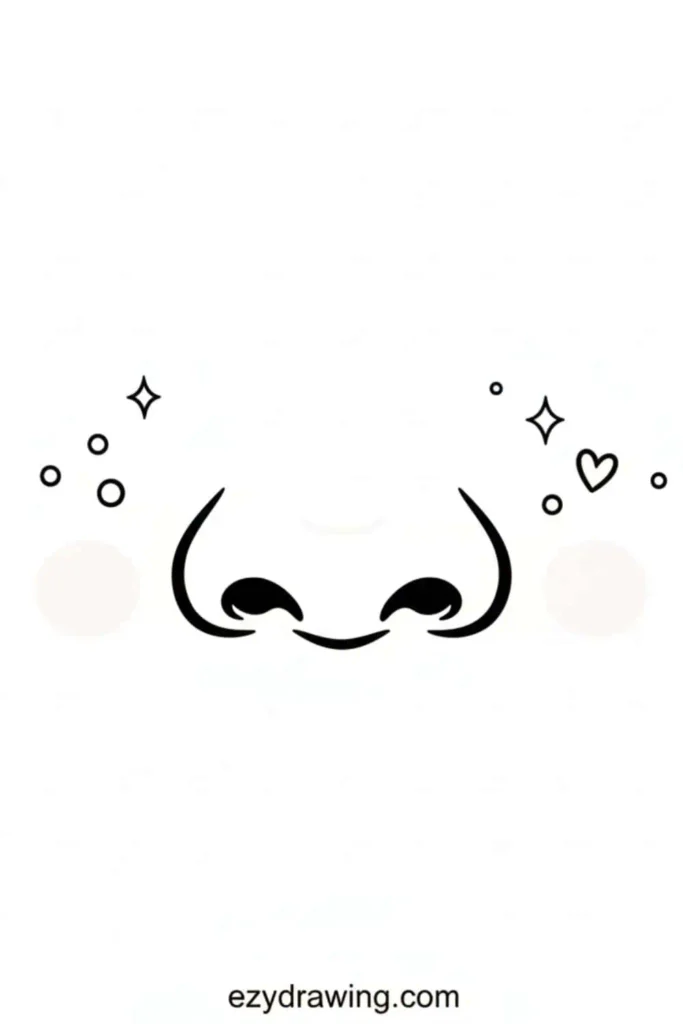 Cute upturned button nose drawing with curved lines, small sparkles, dots, and a tiny heart on each side