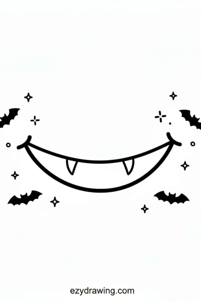 Cute vampire mouth drawing with small fangs and flying bats around a wide smile