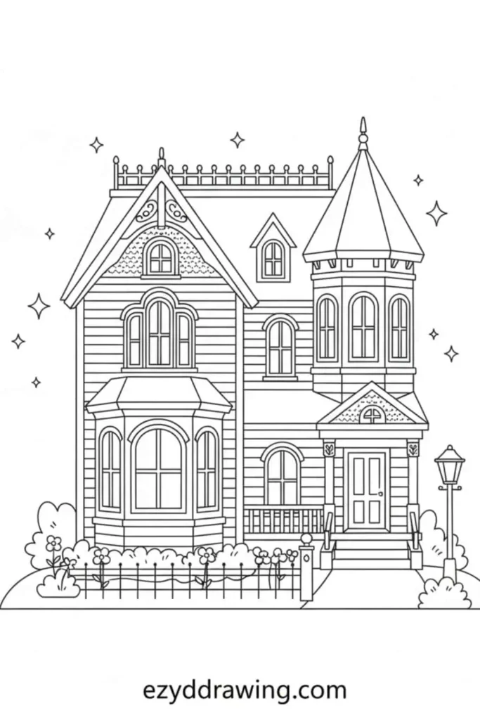 Detailed Victorian style house drawing with a tower, ornate windows, front porch, fence, flowers, and sparkles in a clean outline style