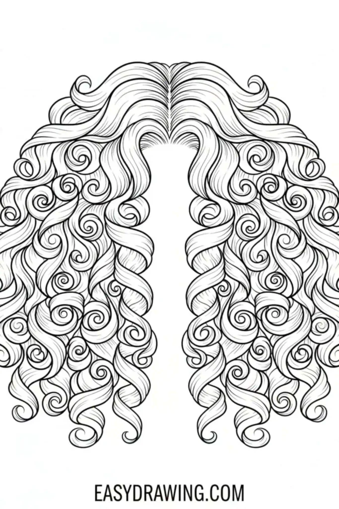 Curly hairstyle drawing with long voluminous spiral curls cascading down from a center part