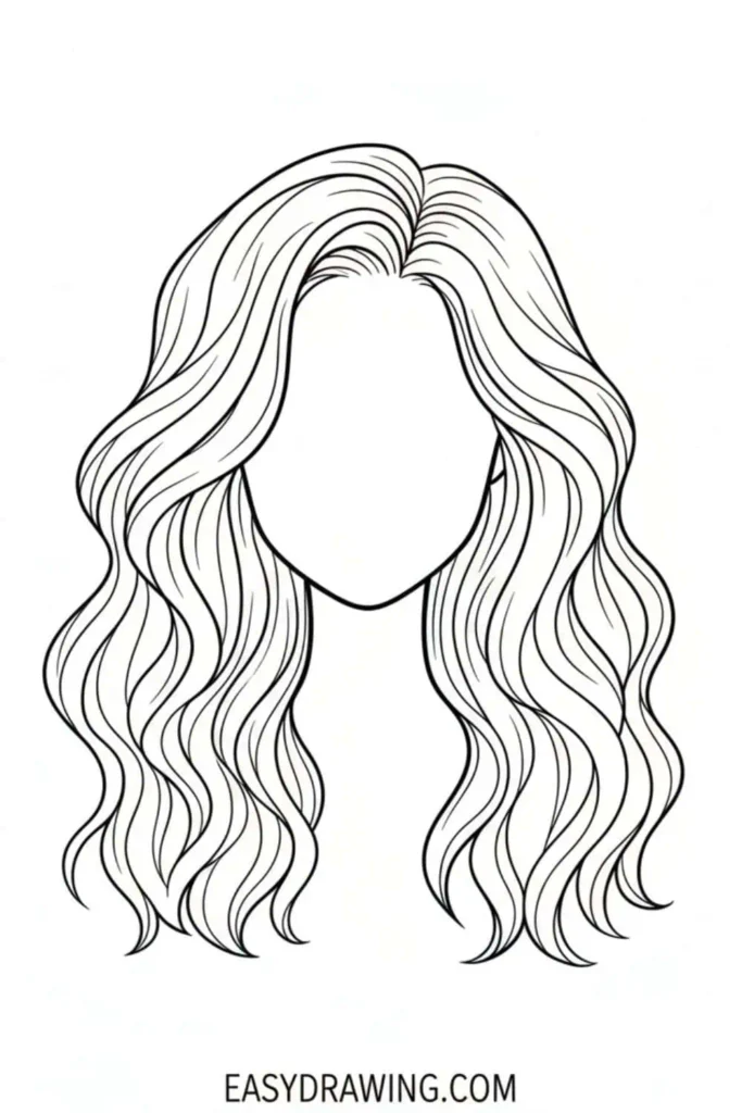 Easy wavy hair drawing with flowing beach waves and soft curved strands in a simple beginner friendly outline.