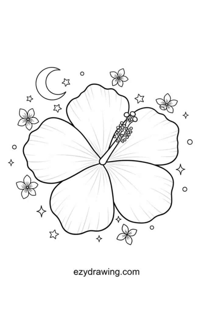 White hibiscus flower line drawing with moon, stars and small flowers, clean black outlines, calm night themed coloring page fun