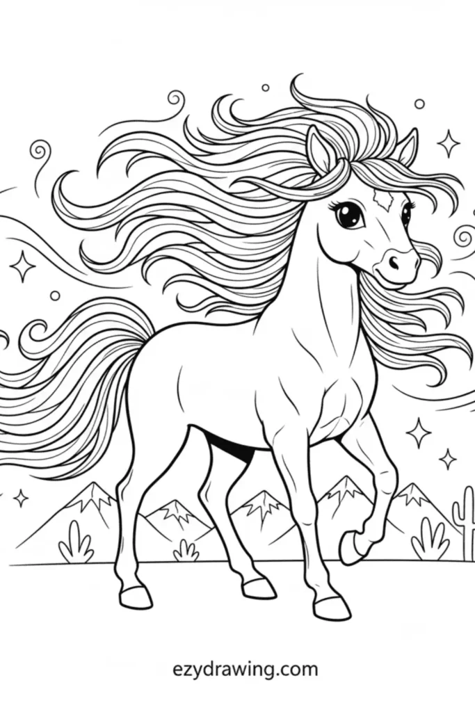 Wild mustang with long flowing mane and tail standing before mountains with stars and swirls in a simple kid friendly ezydrawing com outline style