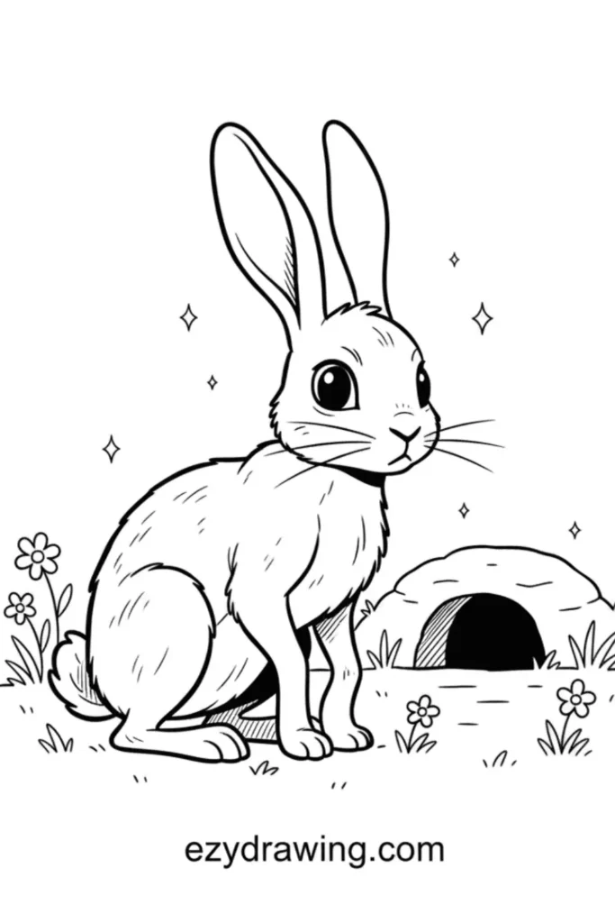 Wild rabbit sitting alert near a burrow with grass, flowers, and sparkles, simple child friendly line art style, ezydrawing.com text below
