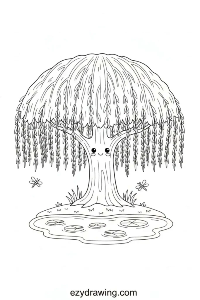 Cute willow tree with long hanging branches, a smiling trunk, lily pad pond below, and dragonflies flying around in a calm, kid friendly style