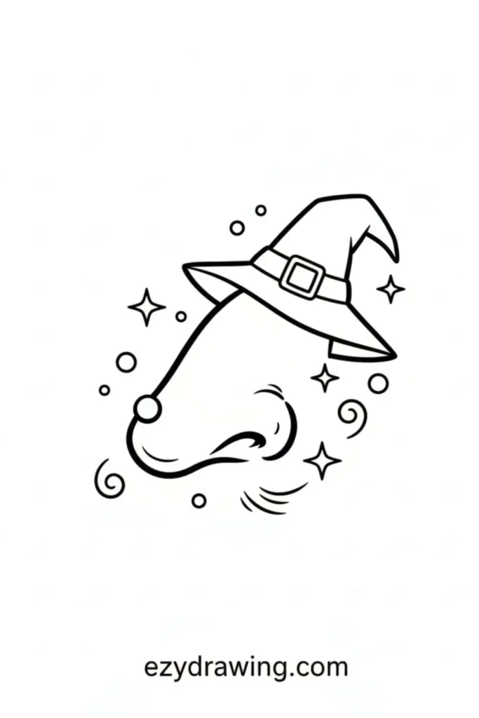 Witch nose drawing with a long crooked shape, round wart, pointy hat, and swirling sparkles around it.