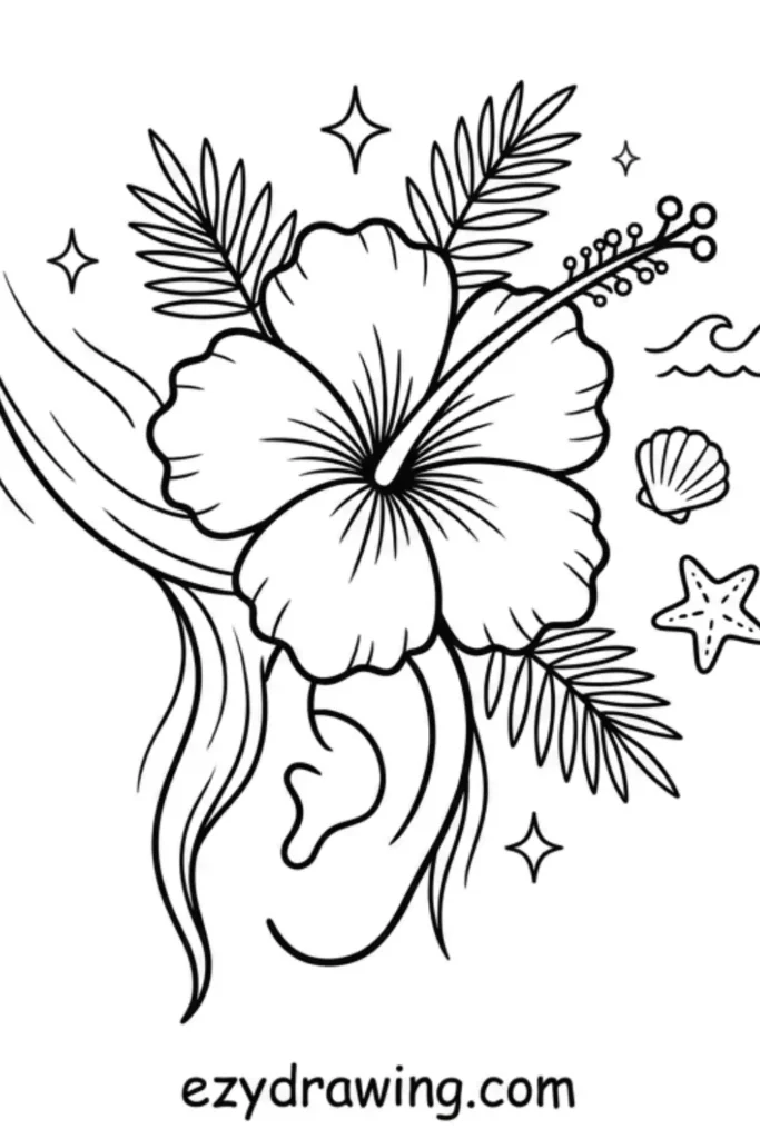 Elegant hibiscus flower line drawing with tropical leaves in flowing hair, clean black outlines beach elements,ezydrawing.com
