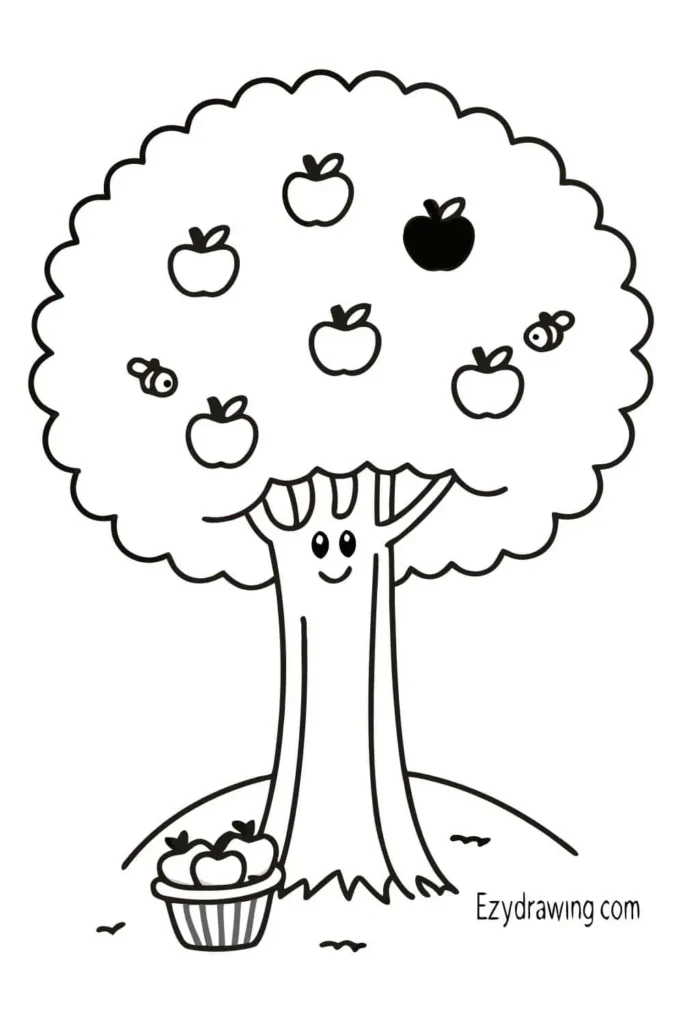 Cute apple tree with a smiling face, apples hanging from the branches, tiny bees flying around, and a basket of apples on the ground