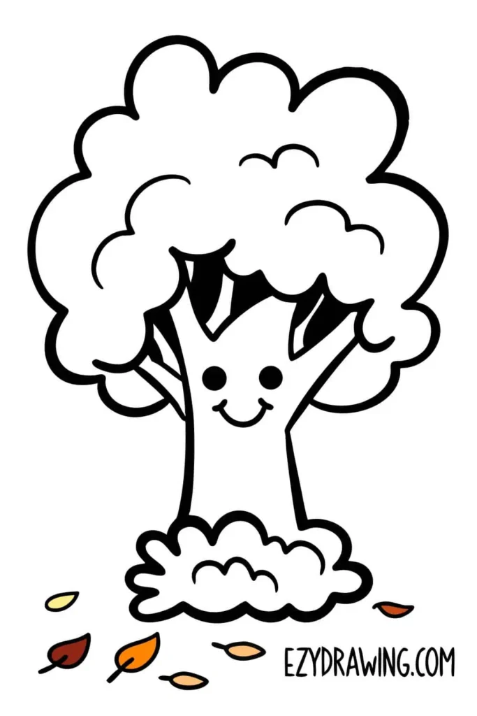 Cute autumn tree with a happy face, fluffy leaves, and colorful fall leaves scattered on the ground in a simple kid friendly drawing style
