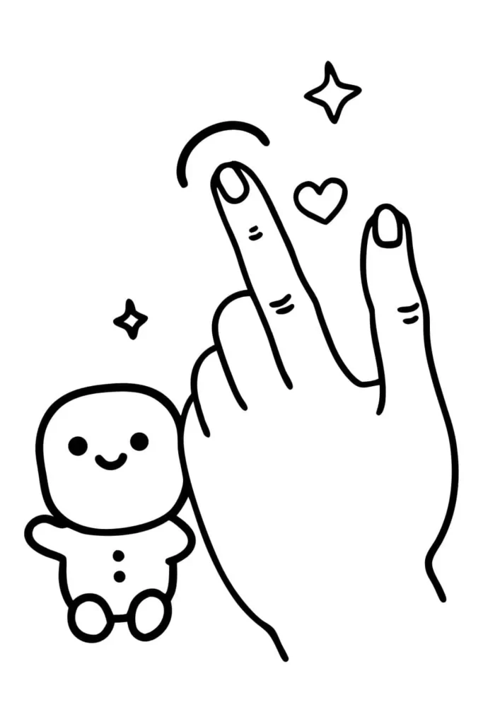 Cute drawing of a hand making a mini heart gesture beside a smiling baby figure with sparkles and a small heart.