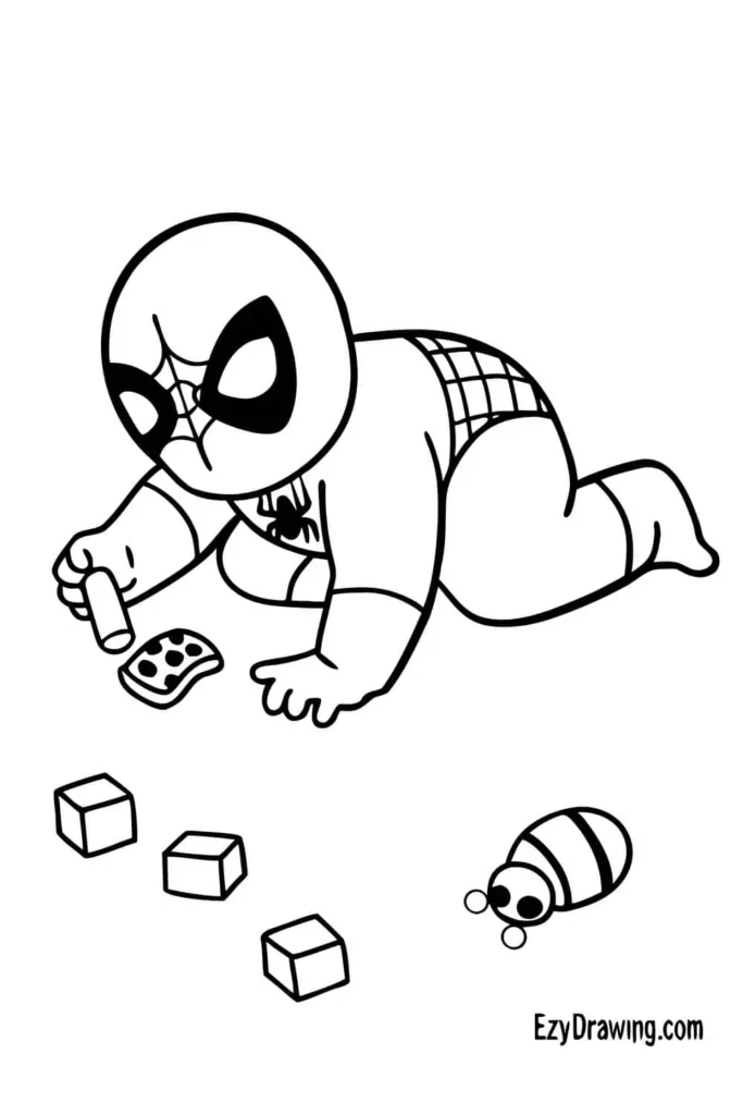 Adorable baby Spider-Man drawing crawling on the floor with toy blocks and a small bug from ezydrawing.com