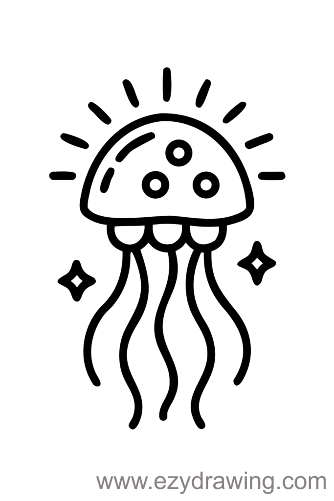 Simple glowing jellyfish drawing with light rays and sparkles around its body — ezydrawing.com illustration.