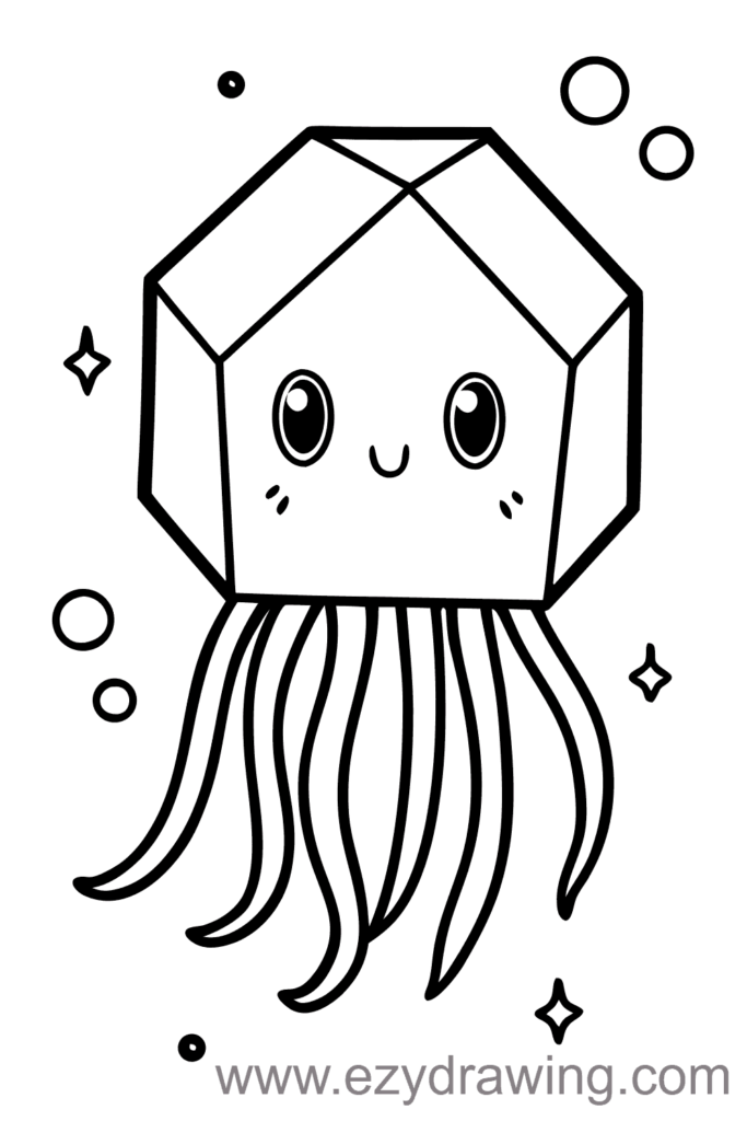 Cute box-shaped jellyfish drawing with a smiling face, long tentacles, and bubbles — ezydrawing.com illustration.