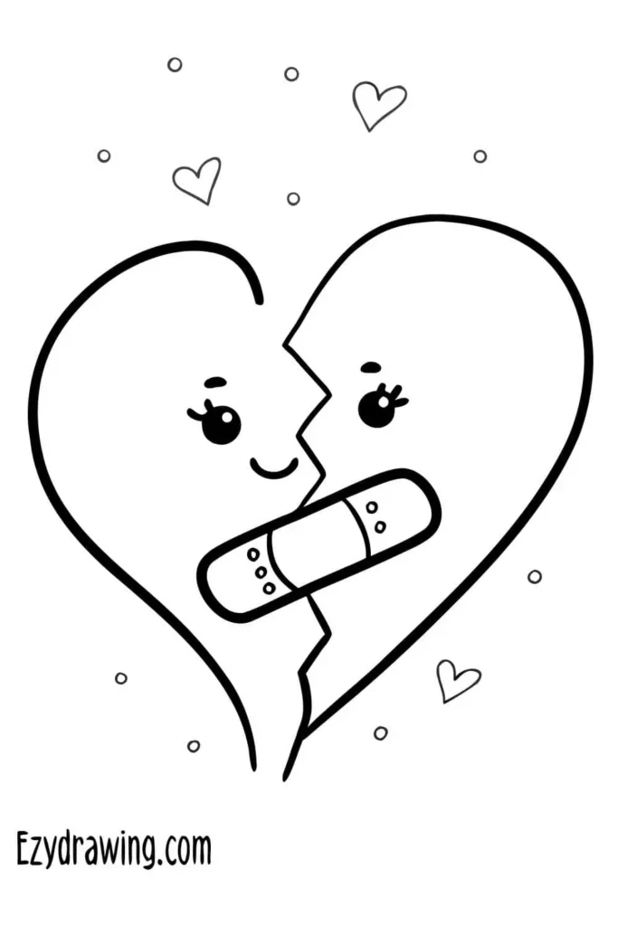 Cute broken heart drawing with smiling faces, bandage in the middle and tiny hearts, simple healing heart sketch for kids and beginners tutorials