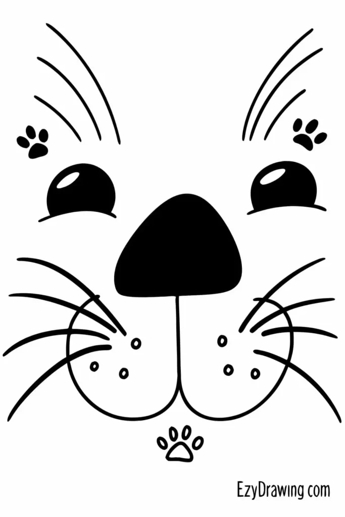 Cute cat face drawing with a big black nose, round eyes, whiskers, tiny paw prints, and simple line details