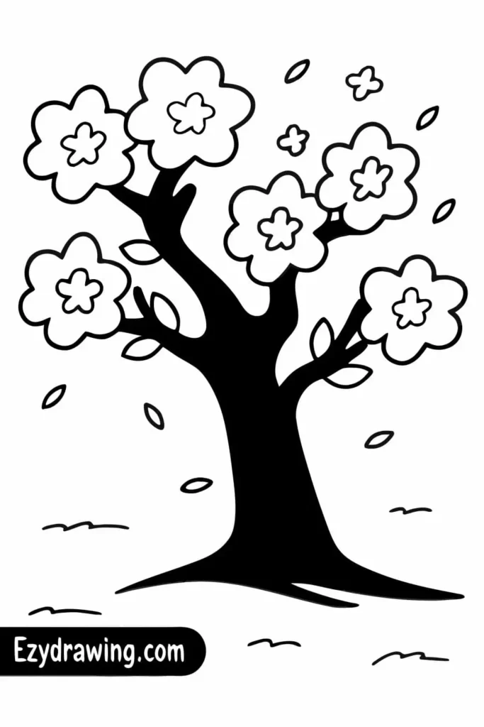 Cherry blossom tree with simple flowers and falling petals, drawn in a black and white style with a curved trunk and soft spring details