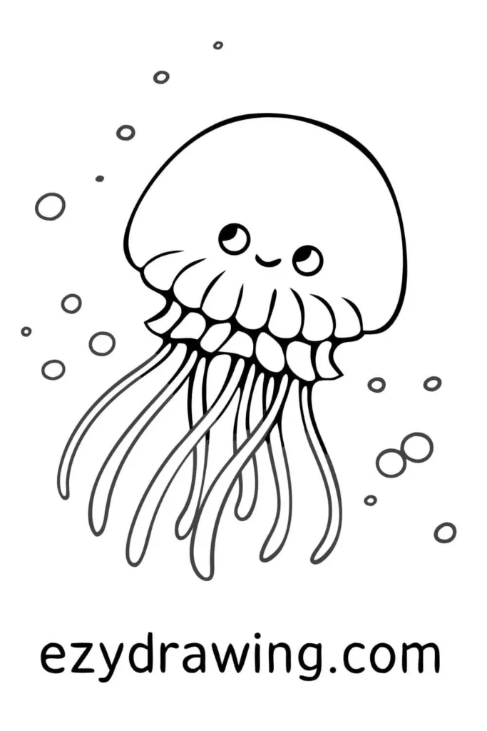 Cute jellyfish drawing with big eyes, floating tentacles, and bubbles around it — ezydrawing.com illustration.