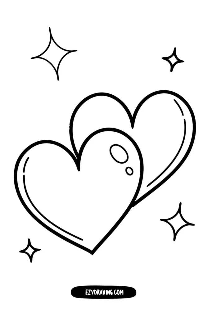 Cute black and white drawing of two overlapping hearts with sparkle accents, simple heart sketch for kids and beginners crafts