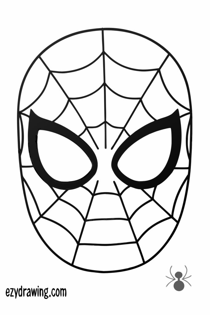 Simple black and white Spider-Man mask drawing with web pattern and large bold eye shapes from ezydrawing.com