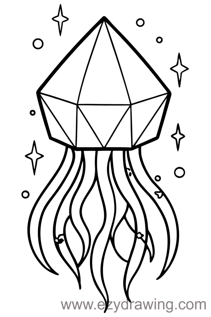 Crystal-shaped jellyfish drawing with long flowing tentacles and sparkling stars — ezydrawing.com illustration.
