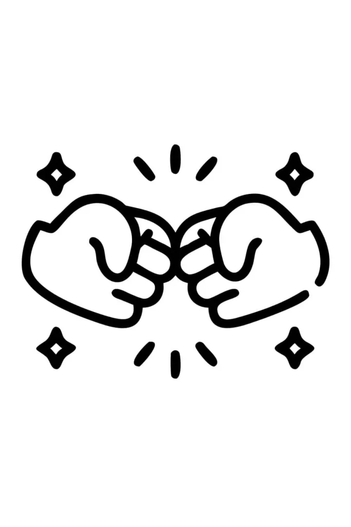 Two hands doing a fist bump with sparkles and lines around, symbolizing teamwork and friendship in line art style.