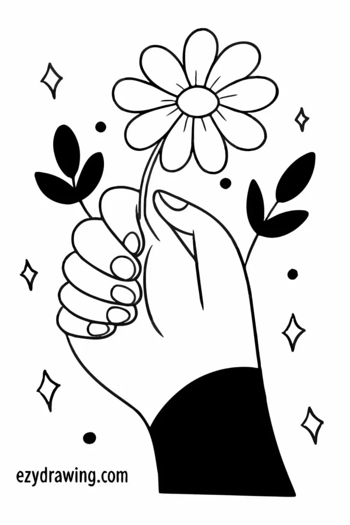 Hand holding a daisy flower with leaves and sparkles around, drawn in clean black and white line art style.