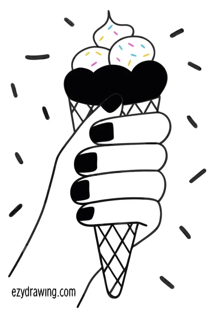 Hand holding an ice cream cone with sprinkles on top, featuring black nails and fun decorative lines around.