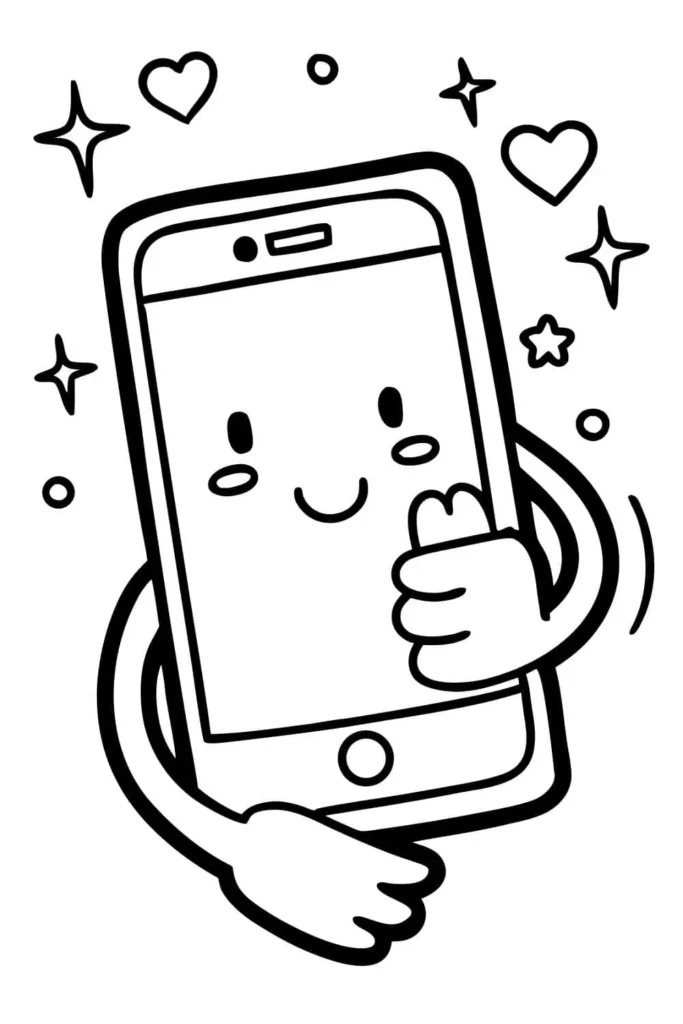 Cute cartoon phone with a smiling face hugging itself with arms, surrounded by hearts and sparkles in line art style.