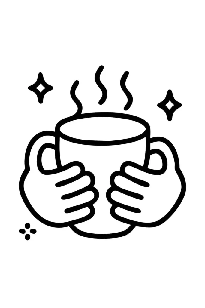 Two hands holding a steaming coffee cup with sparkles around, drawn in cute minimalist line art style