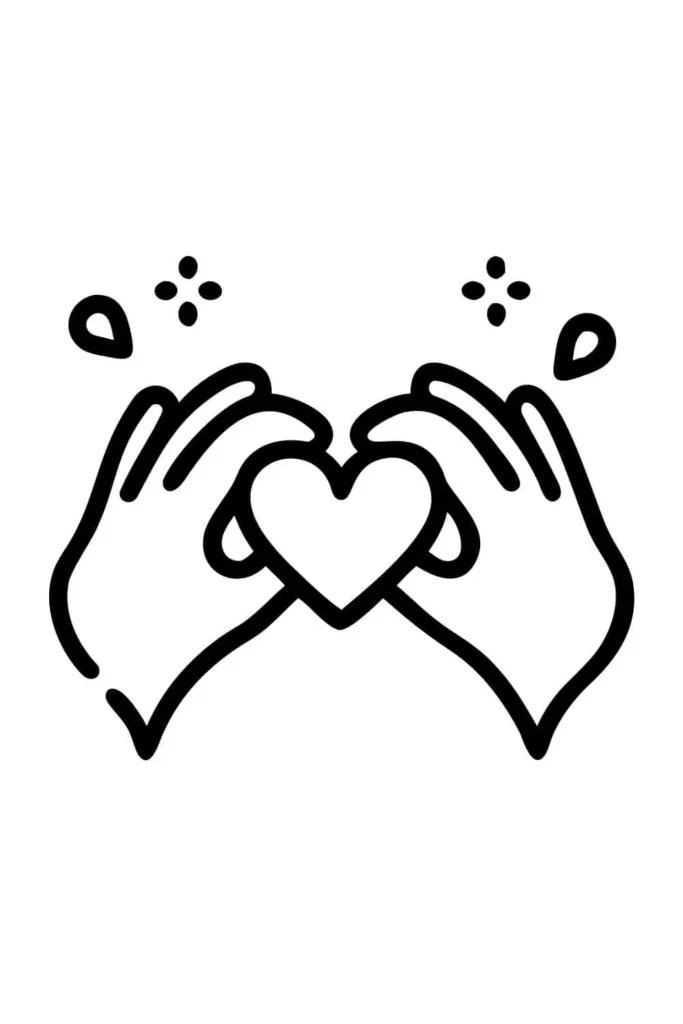 Two hands forming a heart shape in the center with small decorative sparkles around, simple line art style.