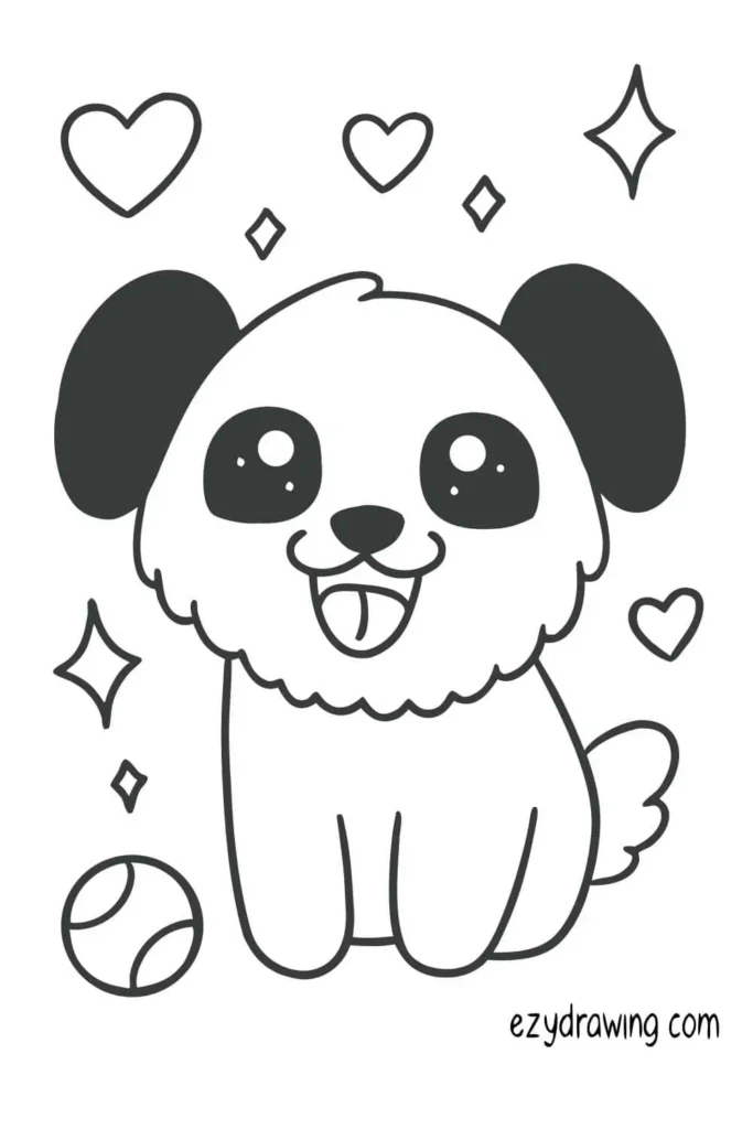 Cute cartoon-style puppy drawing with big sparkling eyes, floppy ears, and a happy face surrounded by hearts and stars.