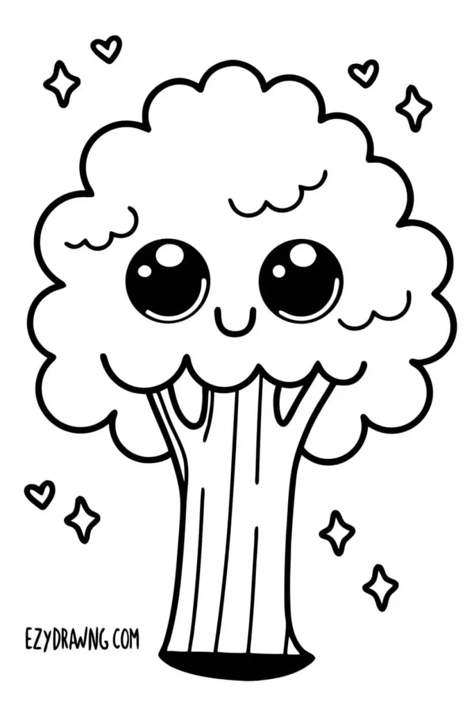 Cute kawaii tree with big shiny eyes, fluffy cloud like leaves, and small hearts and sparkles around it in a simple black and white style