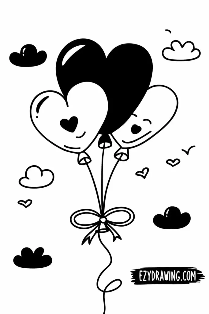 Cute heart shaped balloons with smiling faces, tied with ribbon and floating among clouds and hearts, simple drawing for kids and beginners