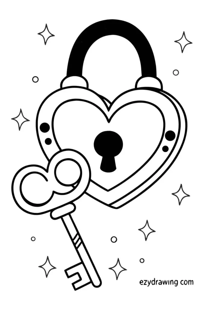 Heart shaped lock and matching key with sparkles around, simple love and security themed drawing for kids and beginners tutorials