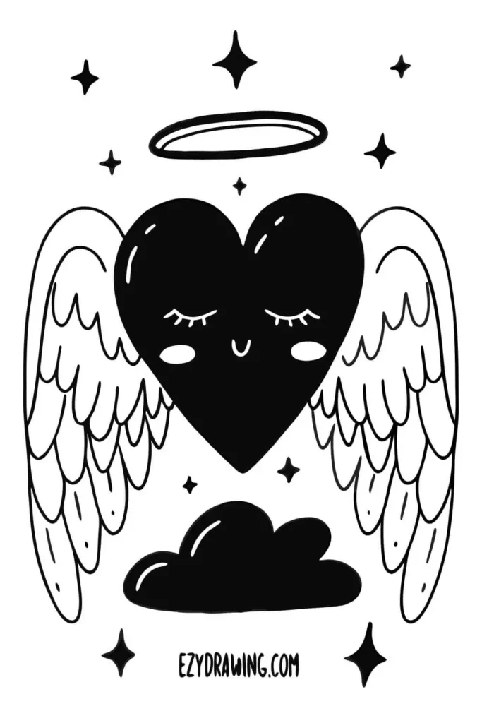 Cute angel heart drawing with wings, halo, closed eyes and sparkles, simple black and white heavenly heart sketch for kids and beginners