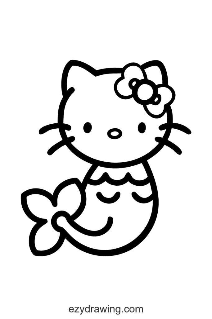 Adorable Hello Kitty drawing as a mermaid with a bow on her head and a cute fish tail, perfect for ocean art.