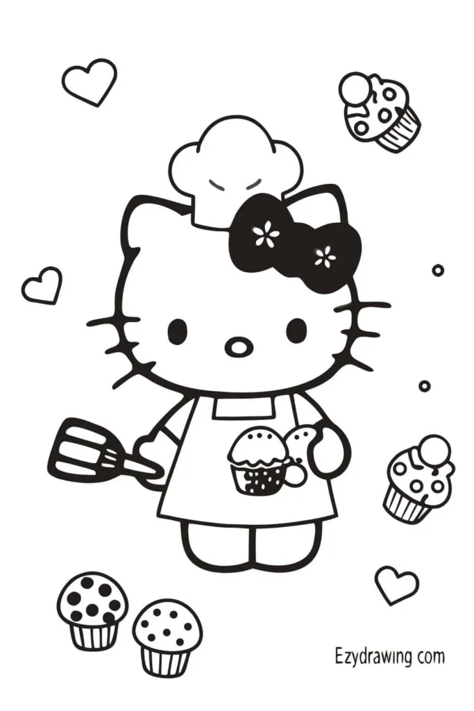 Cute Hello Kitty drawing dressed as a baker holding a spatula, surrounded by cupcakes and hearts, perfect for kids’ drawings.