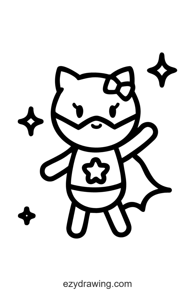 Fun Hello Kitty drawing dressed as a superhero with a cape, mask, and star emblem, perfect for creative kids’ sketches.