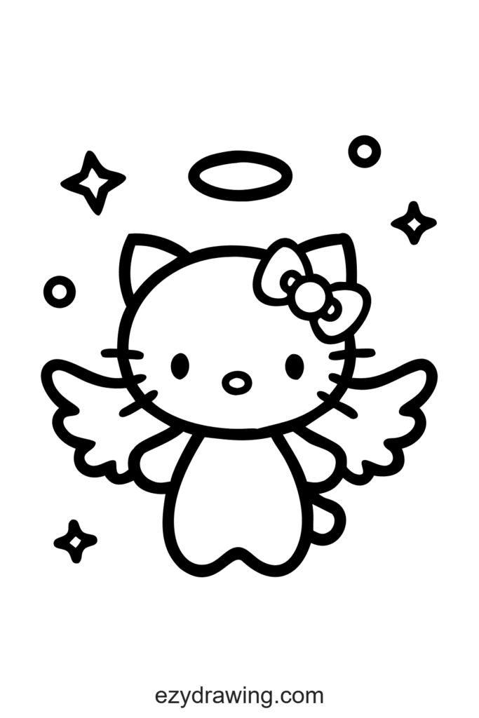 Cute Hello Kitty drawing dressed as an angel with wings, halo, and bow, surrounded by twinkling stars and sparkles.