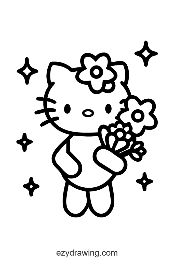 Sweet Hello Kitty drawing holding a bouquet of flowers with sparkles around, perfect for kids’ cute and cheerful artwork