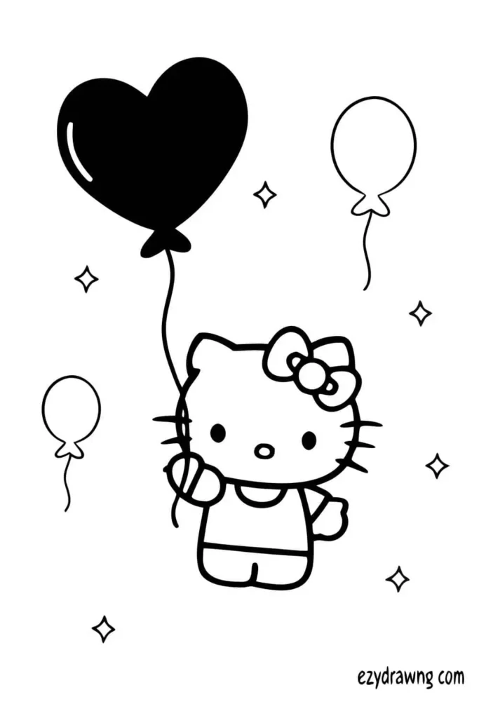 Cute Hello Kitty drawing holding a heart-shaped balloon with stars and small balloons around, perfect for kids’ art fun